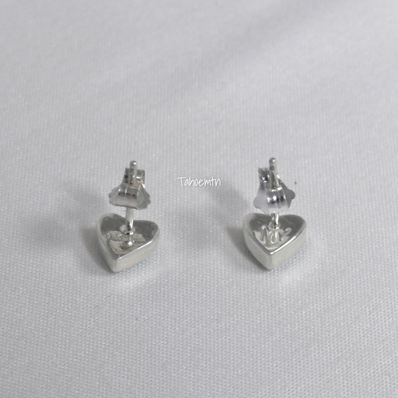 Sterling Silver Inlay Blue Lab Opal Heart Earrings - Picture 5 of 7